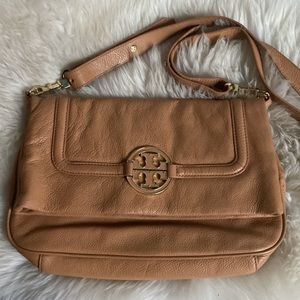 Tory Burch convertible flap crossbody leather bag nude